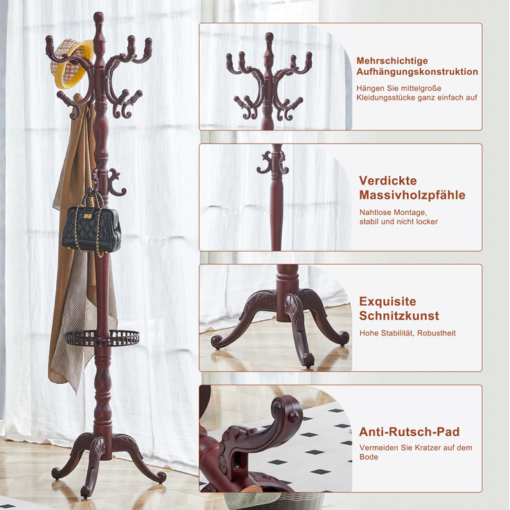 Kleiderständer 195 cm hoch, Ø 31 cm, Standfuß 48 cm – Massivholz in Nussbaumoptik mit mehreren Haken – Bild 6