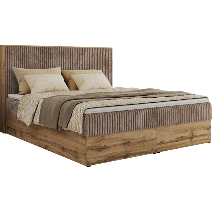 MKS MÖBEL Boxspringbett WOOD CLASSIC, Doppelbett mit hohen Kopfteil, Multipocket-Matratze H3/H4, T25/Visco-Topper, Stauraum in Wotan-Eiche