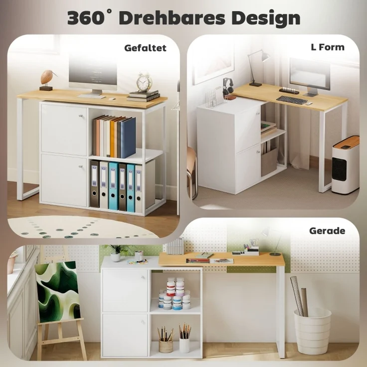 Schreibtisch drehbar, 105 x 85 x 75 / 150 x 40 x 75 / 100 x 40 x 75 cm, Weiß mit Naturholzoptik und Stauraum – Bild 3