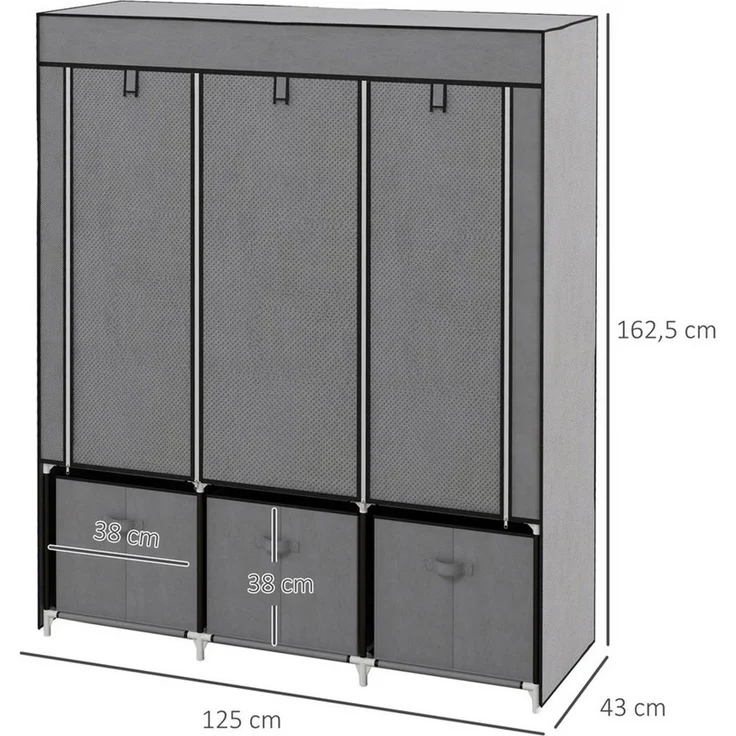 HOMCOM Stoffschrank Kleiderschrank mit Kleiderstangen und Schubladen (Faltbare Garderobe, 1-St, Faltschrank) Dunkelgrau, 125 x 43 x 162,5 cm – Bild 3