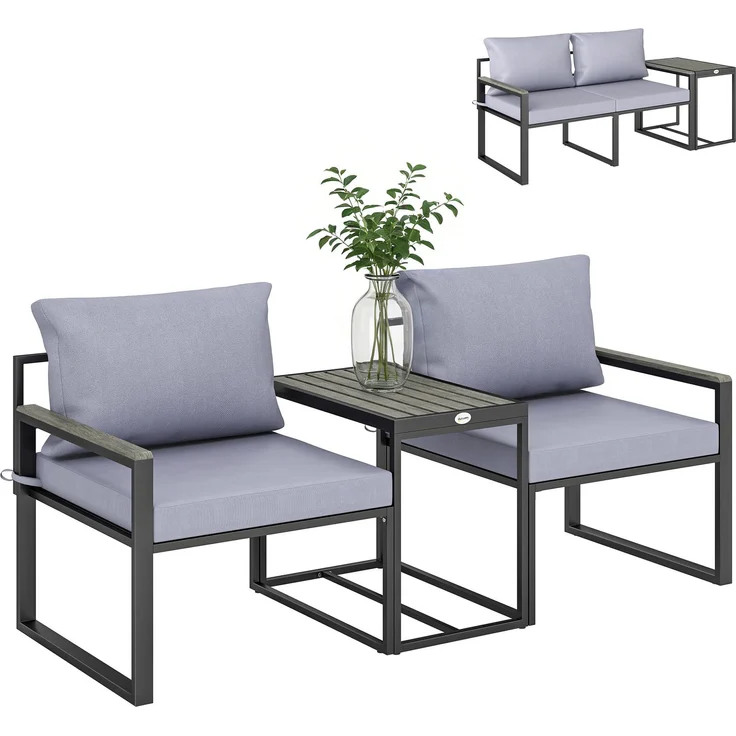 MELAYR, 3-teiliges Balkonmöbel Set 2 Sessel mit Tisch abnehmbar Sitz-& Rückenkissen atmungsaktiv, 64 x 63 x 63 cm, Grau – Bild 1