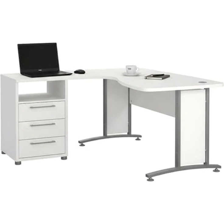 Dmora - Schreibtisch Sidonia, Mehrzweckschreibtisch, Bürotisch für PC, Eckschreibtisch, 159x150 h75 cm, Weiß und Grau – Bild 2