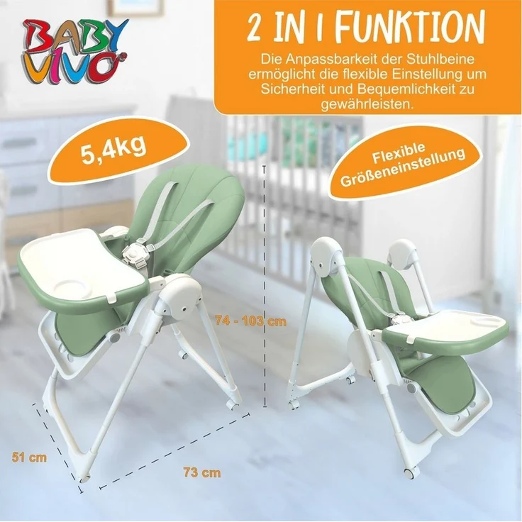 Baby Vivo Hochstuhl Design Kinderhochstuhl aus Kunststoff - Tippy in Coolmint – Bild 3