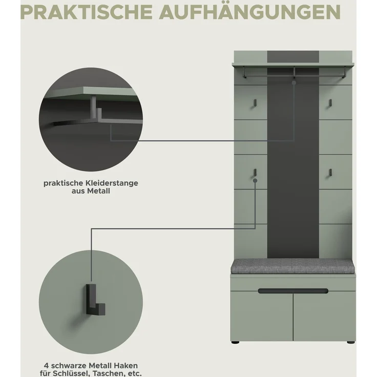 Garderobenkombination (B/H/T: 160x190x37 cm) in Smoke Green Nachbildung – Bild 10