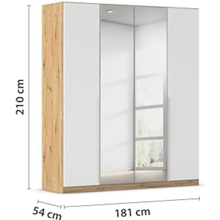 Rauch Möbel Alabama, Kleiderschrank für Schlafzimmer, Kinderzimmer, Wohnzimmer, Garderobe, Flur, 4-türig, Spiegel, mit Zubehör Basic, Farbe Weiß/Eiche Artisan, Holz, Breite 181 cm – Bild 3