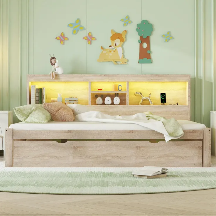 Massivholzbett mit Gästebett, 140x200 cm, Doppelbett mit LED-Beleuchtung, Mehrfachsteckdose und Lattenrost, Jugendbett – Bild 2