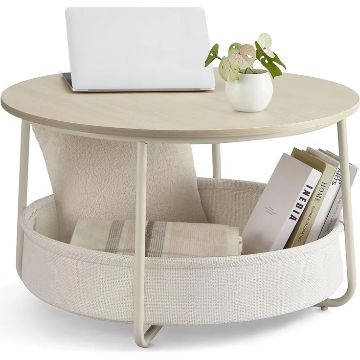 VASAGLE Couchtisch, Beistelltisch, Wohnzimmertisch mit Korb aus Stoff, modern, ∅75 x 45 cm, beige