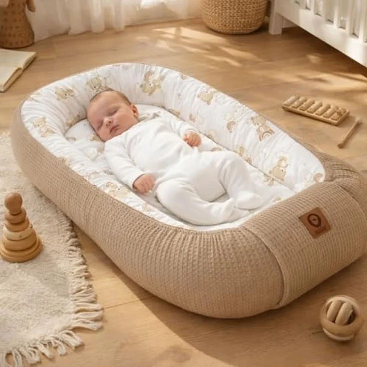 Babynestchen Neugeborene – Nestchen Baby aus Waffel Baumwolle & Baumwollstoff – Babynest für Babybett & Kinderbett – Baby Kokon Tragbar – OEKO-TEX zertifiziert – Zubehör für Babybett - Teddy und Braun – Bild 2