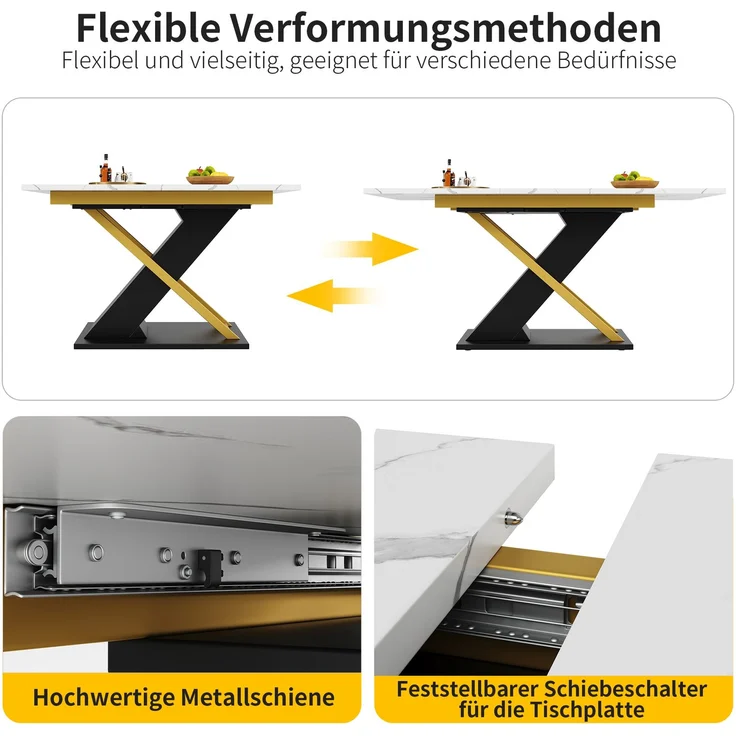 Esstisch Ausziehtisch (120-160×80cm), Küchen-Wohnzimmertisch, Ausziehtisch, mit Hilfe von innenliegender Einlegeplatte auf 160cm ausziehbar, Esstisch mit goldenen Kreuzbeinen – Bild 7