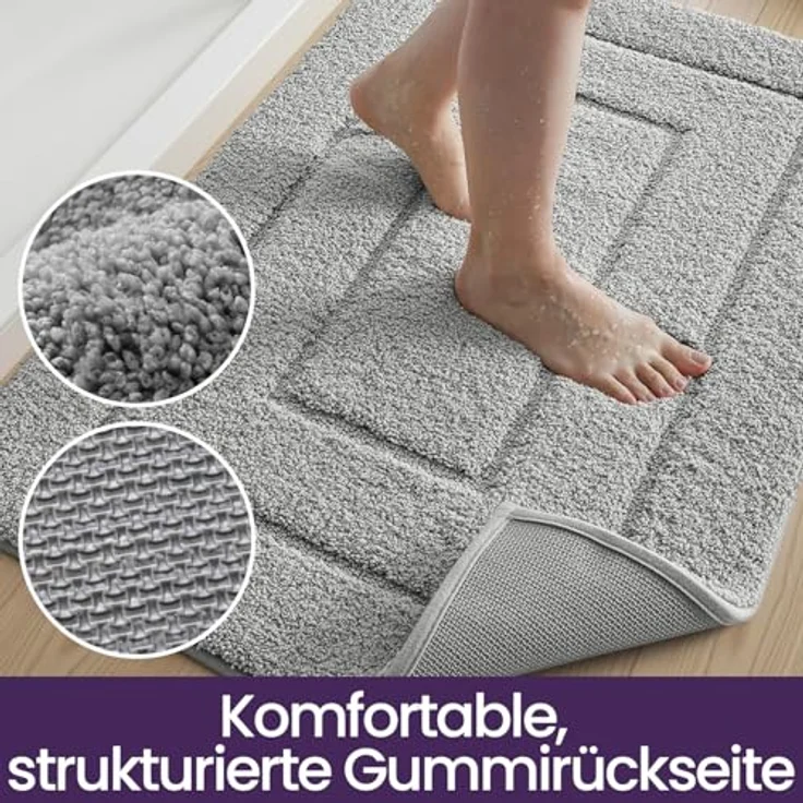 DEXI Badteppich rutschfeste,weicher Badezimmerteppich Wasserabsorbierend Badematte maschinenwaschbar Badvorleger für Dusche,Badewanne und Toilette - Hellgrau,40x60 cm – Bild 7