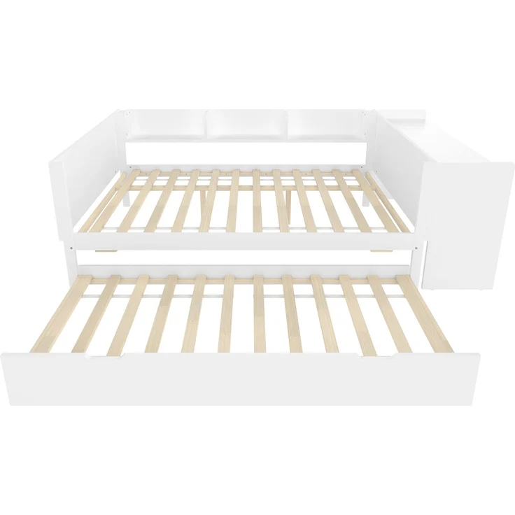 Multifunktionales Holzbett 140×200 cm mit Schreibtisch, ausziehbarem Rollbett & Regalen – platzsparendes Doppelbett – Bild 10
