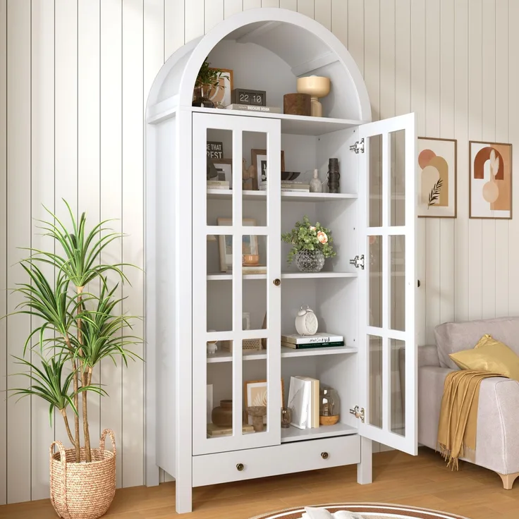 Moderner bogenförmiger Standhochschrank mit mehreren Regalebenen & Schublade – Multifunktionale Vitrine & Regalschrank mit höhenverstellbaren Einlegeböden für Wohnzimmer, Arbeitszimmer und Esszimmer--Weiß--75x35x170.5cm--YOUDENOVA