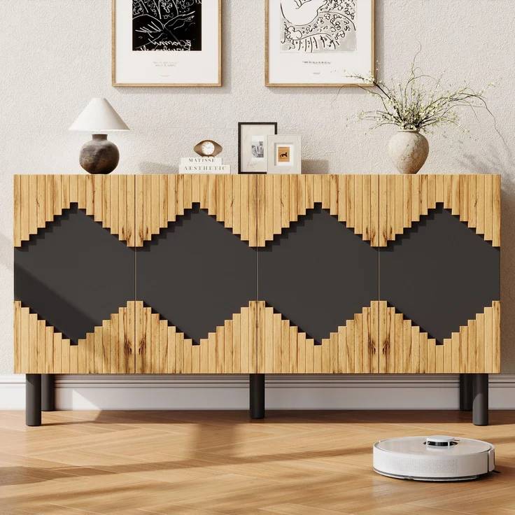 ZUBALIYA Sideboard 140x40x70 cm, mit 2 Türen, aus MDF / Spanplatte, Natur / Schwarz – Bild 9