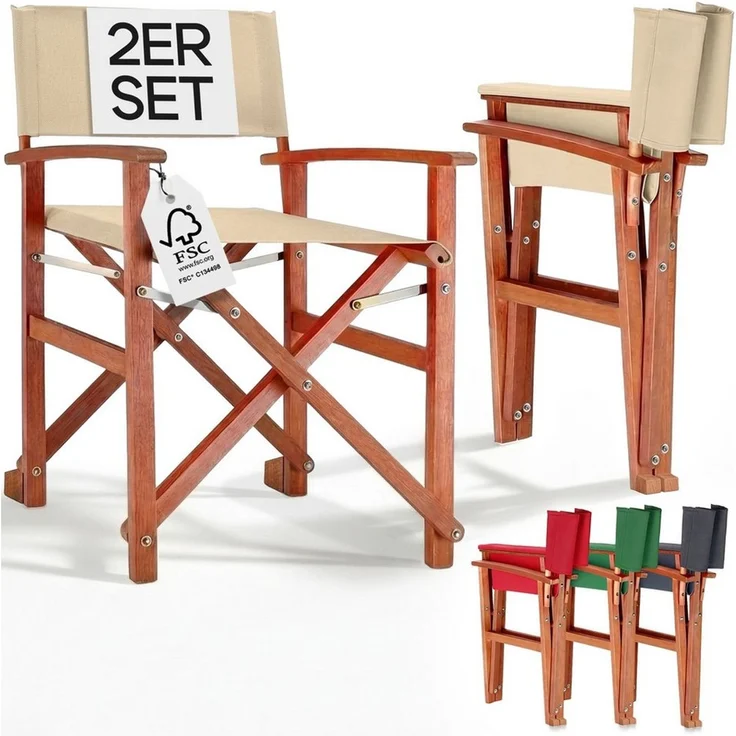 CASARIA® 2er Set Regiestuhl aus FSC® Eukalyptusholz Creme – Bild 1