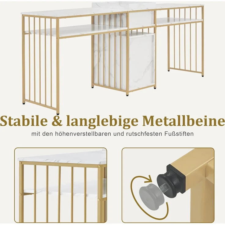 M MCombo Doppelnageltisch mit Schubladen, Schreibtisch mit Regal, Manikürtisch, Schminktisch ohne Spiegel Wohnzimmer Modern, Marmor-Weiß Gold, 2413 – Bild 6