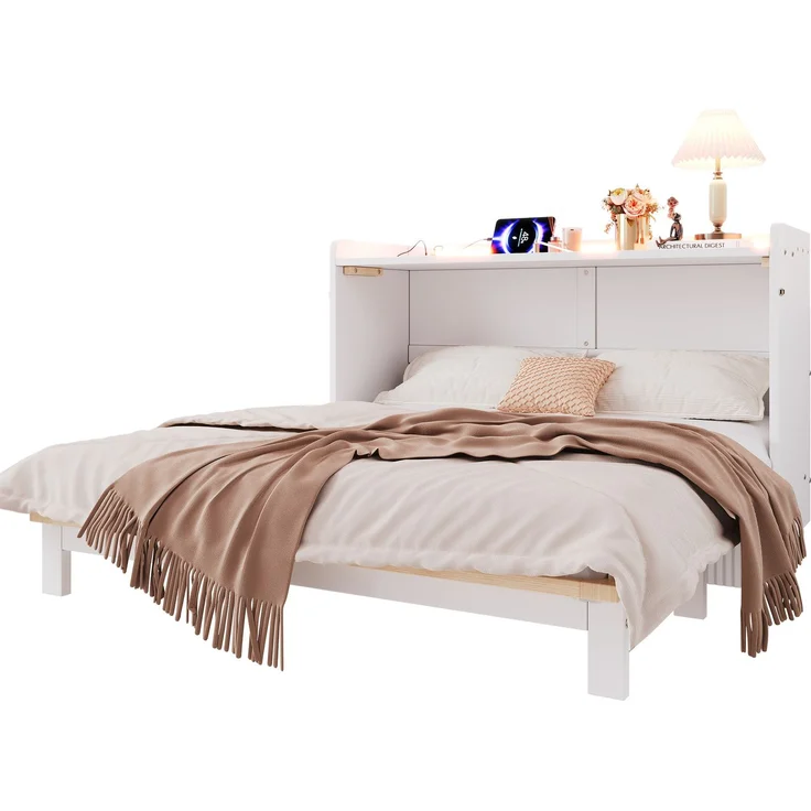 CHICFURN Bett aus MDF Weiß 140x200 cm als Schrankbett mit Schubladen und LED-Beleuchtung – Bild 7