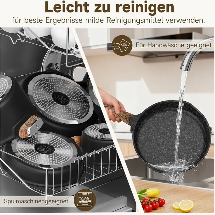 HOMELUX Topf-Set Induktions Töpfe Set mit Antihaftbeschichtung,Holzmaserung, Aluminiumguss, Aluminium (Set, 8-tlg, 24/28cm Pfanne,16cm Milchtopf mit Deckel,24/28cm Kochtopf mit Deckel), für alle Herdarten,Spülmaschinengeeignet – Bild 3