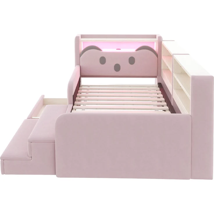 ZUBALIYA Polsterbett, mit Schubladen, mit Stauraum, mit LED-Beleuchtung, mit USB-Anschluss, inklusive Lattenrost, Liegefläche 90 × 200 cm, H 85 × T 218 × B 108.5 cm, Rosa, Samt – Bild 19