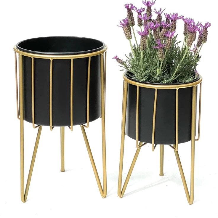 DanDiBo Blumenhocker mit Topf Metall Gold Schwarz Rund 2er Set Blumenständer 96039 Blumensäule Modern Pflanzenständer Pflanzenhocker – Bild 1