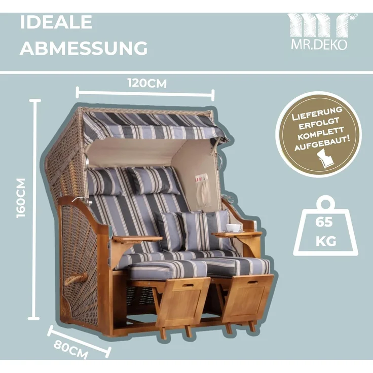 MR. DEKO Strandkorb 2-Sitzer Schleswig Pinie Braun PE Mokka, aufgebaut geliefert, BxTxH: 120x80x160 cm, 2-Sitzer, Schleswig, (Zweisitzer Strandkorb mit Bistrotischen & Fußstützen), Bereits montiert, UV-beständig, Volllieger & Edelstahl-Beschläge – Bild 3