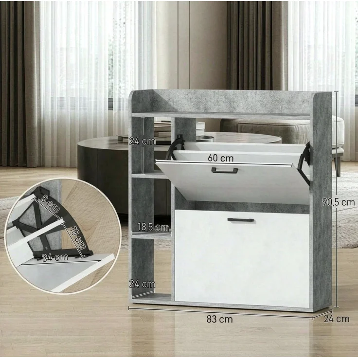DESVIAE Garderobenschrank Schuhschrank Grau-Weiß aus Spanplatte – 83x90,5x24 cm – 2 Kippschränke – Bild 8