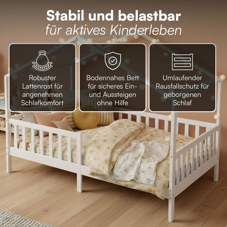 Bellabino 'Bia' Hausbett 120x200 cm, weiß, Kiefer Massivholz, Montessori Kinderbett mit Rausfallschutz und Lattenrost – Bild 3