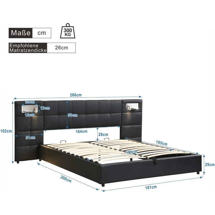 Polsterbett 180×200 cm aus Kunstleder mit USB-Anschluss und kabelloser Ladefunktion, schwarz – Bild 4