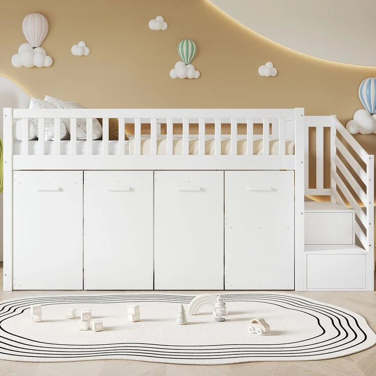 Abrihome Kinderbett Etagenbett 90x200 cm mit Fallschutz und Stauraum, Weiß – Bild 3
