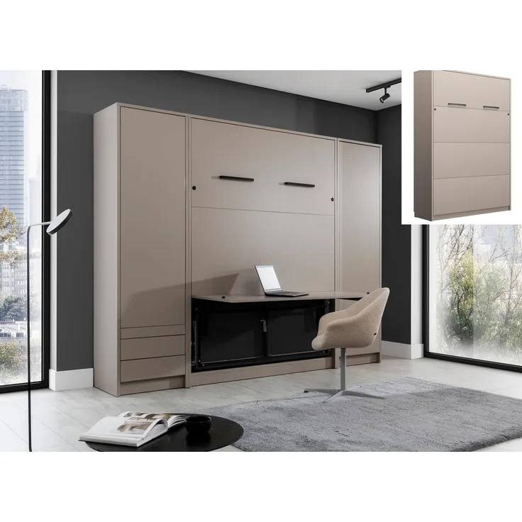 QMM TraumMöbel Schrankbett Wandbett GN 140x200 mit LED, Schreibtisch & 2 Schränken (Set) vertikal klappbar