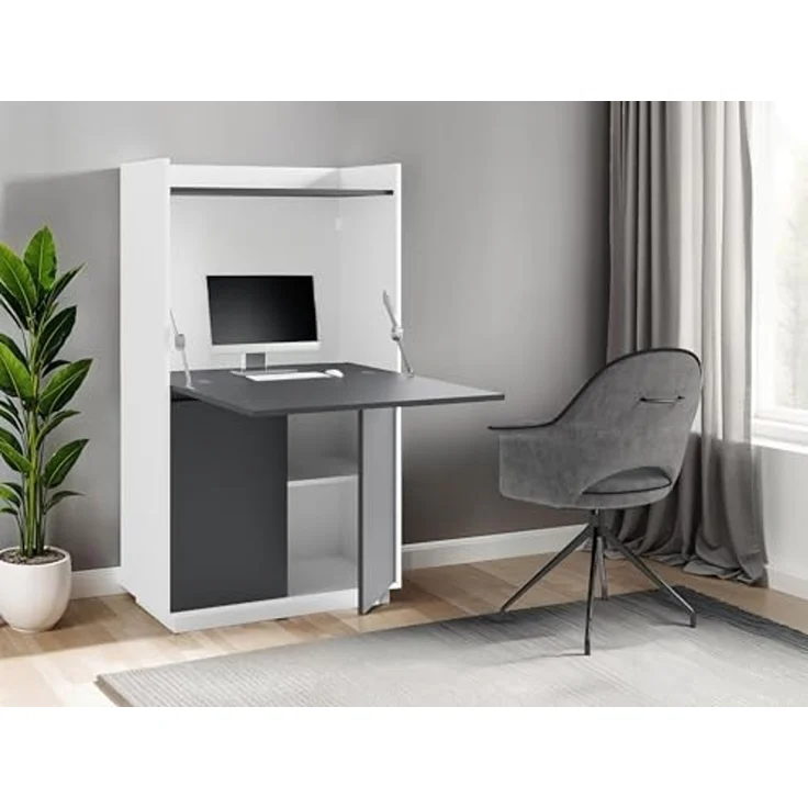 byLIVING Sekretär Hannes/Sekretär matt weiß - anthrazit/Office-Schrank mit 1 Klappe und 2 Türen/Grifflos/B 80, H 141, T 40 cm – Bild 2