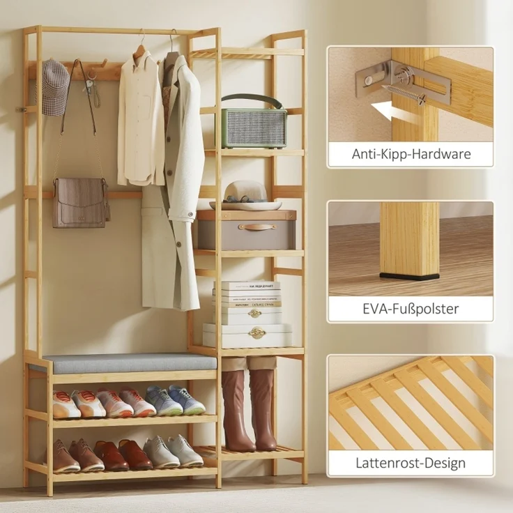 Garderobenständer 104x33x175 cm aus Bambus, mit Sitzbank, Schuhschrank und 10 Haken – Bild 5