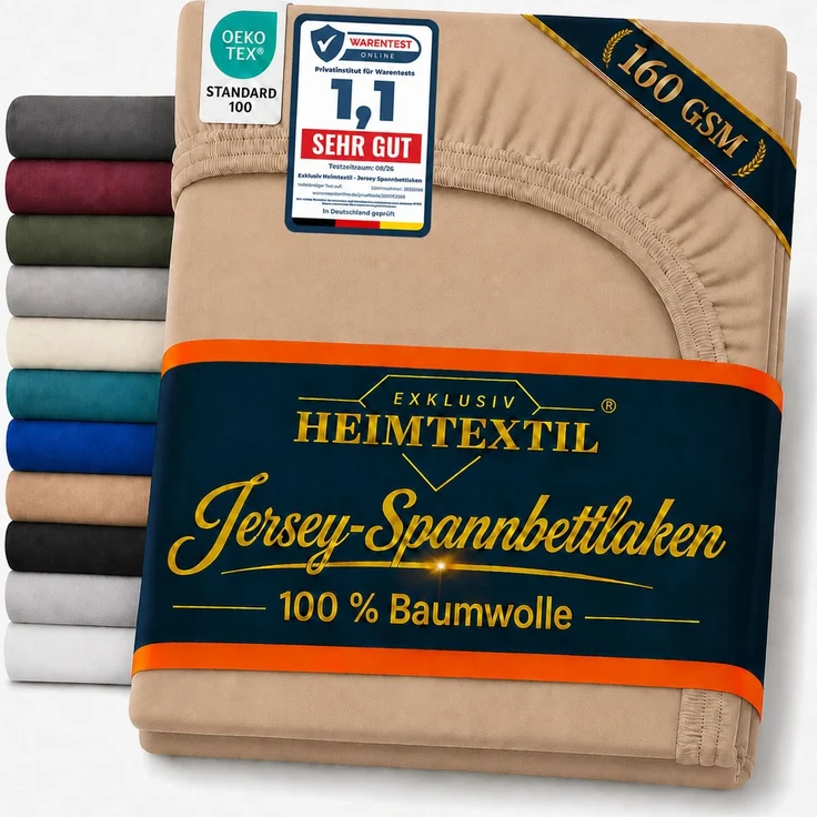 EXKLUSIV HEIMTEXTIL Jersey Spannbettlaken Deluxe 100 x 200 cm Sand 160 GSM, 100% Baumwolle Öko - Tex Zertifiziert Bed-Sheet Bettlaken Spannbetttuch Topper Leinentuch – Bild 1