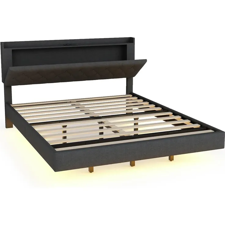 Polsterbett in schwebender Optik, Doppelbett mit Stauraum, Lattenrost und LED-Beleuchtung, 160x200 cm, Leinenbezug – Bild 4