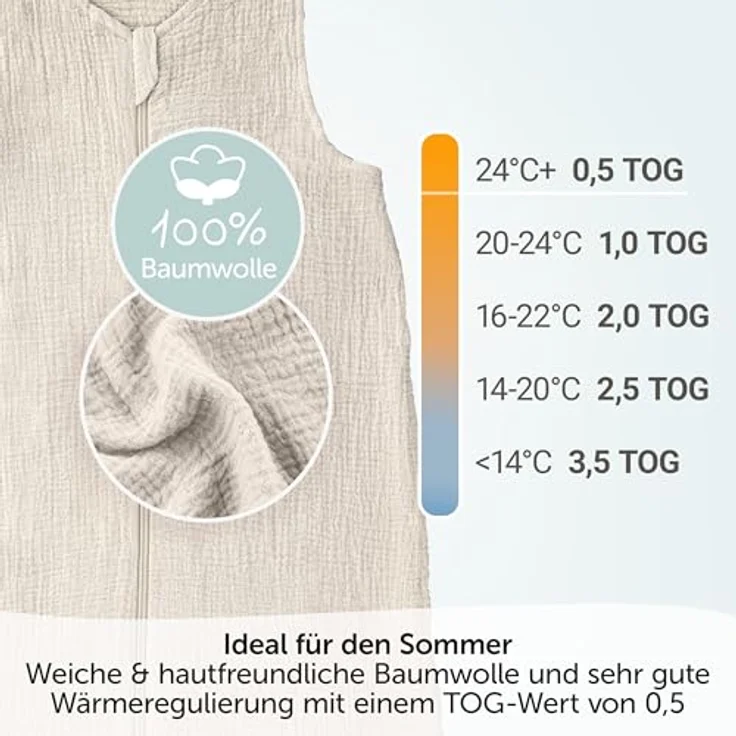 LaLoona Sommer-Schlafsack Musselin, 100% Baumwolle in Beige, Größe 70 cm, TOG 0,5 für warme Nächte – Bild 2