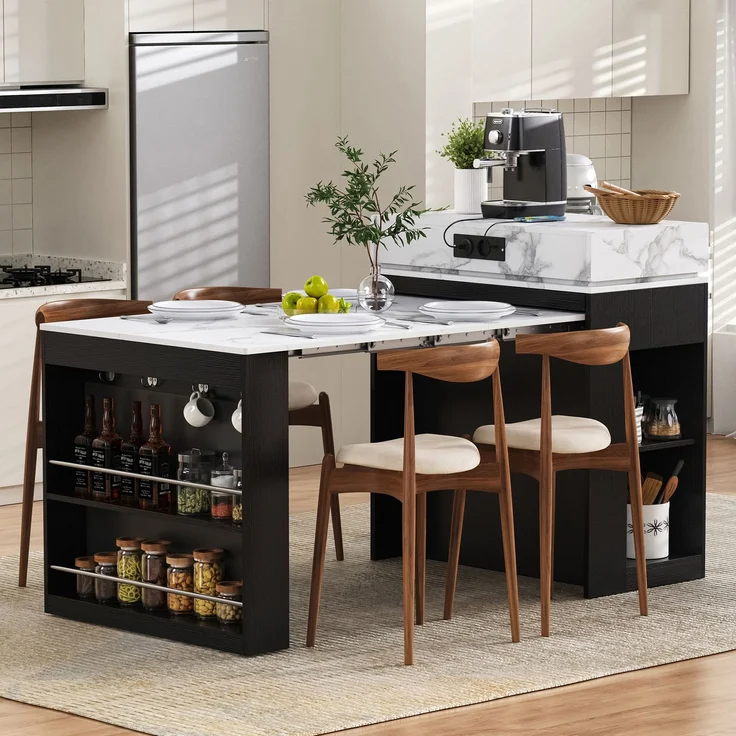 Merax Kücheninsel mit Rollen, Ausziehbarer Esstisch mit faltbarer Tischplatte, Bartisch mit Steckdosenleisten und Haken, dient als Kücheninsel, Sideboard oder Bartisch(Schwarz) – Bild 3