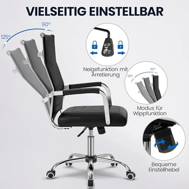 Yaheetech Bürostuhl ergonomischer Schreibtischstuhl mit Armlehnen, Chefsessel Computerstuhl hoher Rückenlehne, Arbeitsstuhl mit Wippfunktion bis 136 kg Belastbar Schwarz – Bild 7