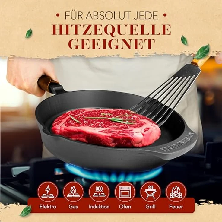 Krustenzauber Bratpfanne Gusseisenpfanne Induktion - Fein Geschliffene Gusseisen Pfanne, (Ideale Grillpfanne Induktion, Eisenpfanne, Cast Iron Pan, Bratpfanne, Gusseiserne Pfanne Skillet Gusspfann) – Bild 7