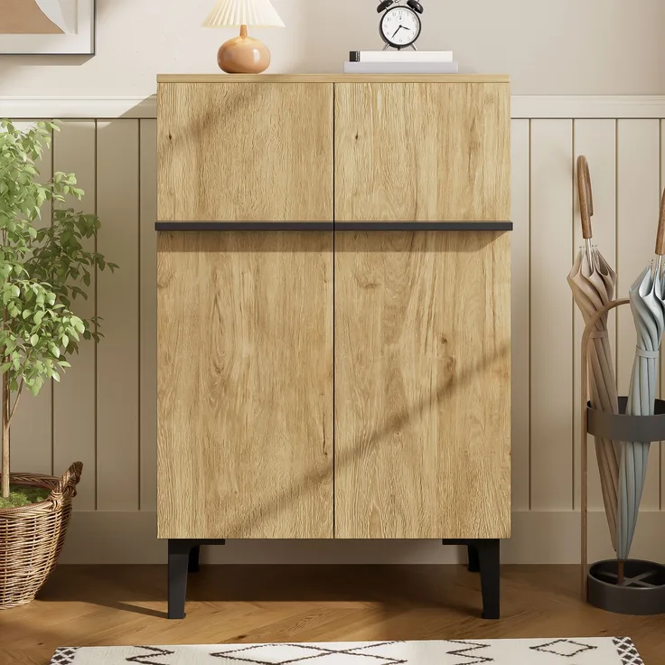 Schuhschrank, Holzoptik/Schwarz mit Doppeltüren & verstellbaren Einlegeböden, 60x34,5x95 cm