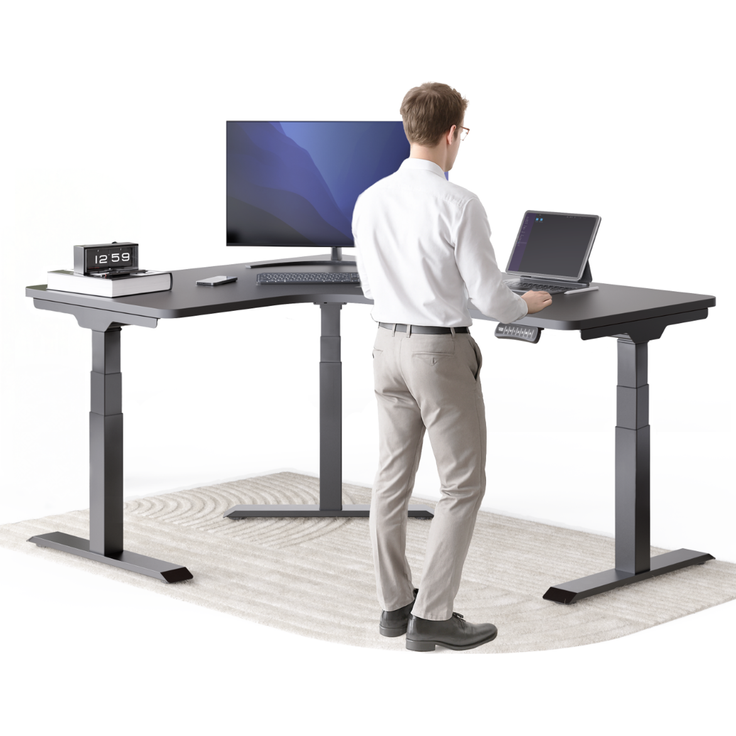 DESKSPACE CORNER Schreibtisch, Elektrisch höhenverstellbar, 160 x 130 x 70 cm, Schwarzes Tischplatte, Schwarzes Gestell