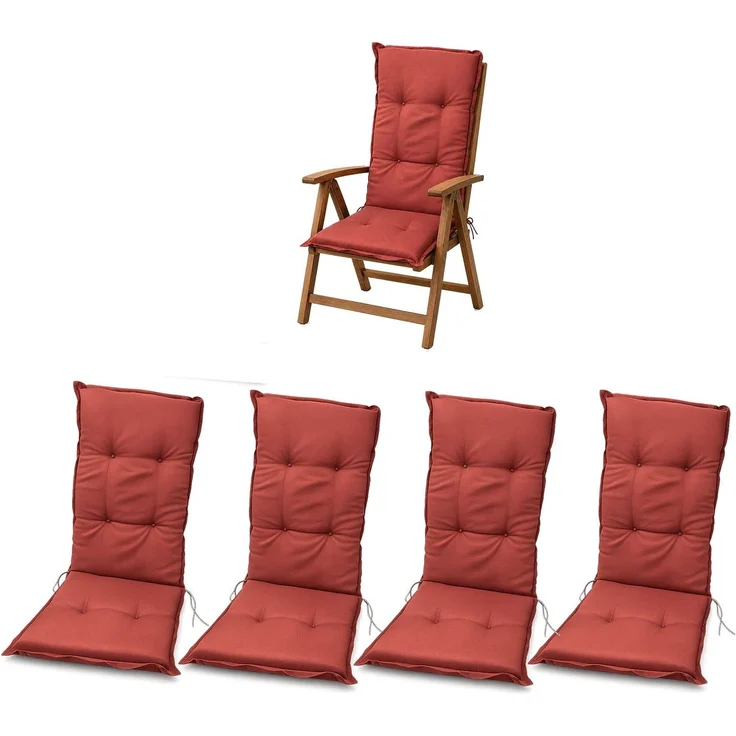 BURI 4x Hochlehner Auflage 117x49x6 cm - wetterfeste Gartenstuhlauflage mit Schaumkern & Vollvlies, Halteband & Bindebänder, bequemes Stuhlpolster für Balkon, Terrasse & Garten (Rot) – Bild 1