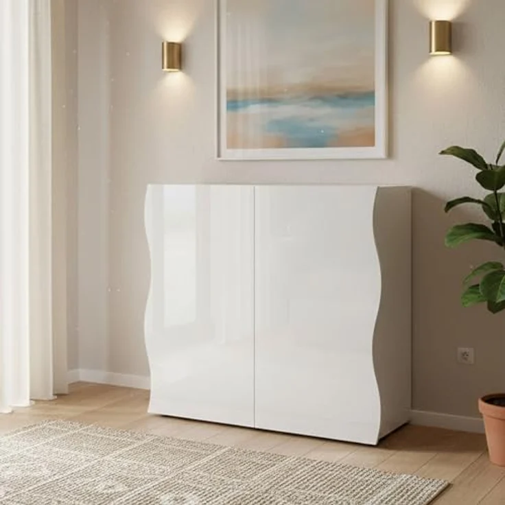 Dmora - Kommode Nicolò, 2-türiges Küchen-Sideboard, Wohnzimmer-Buffet, 100 % Made in Italy, 90 x 40 x 81 cm, glänzendes Weiß, – Bild 2