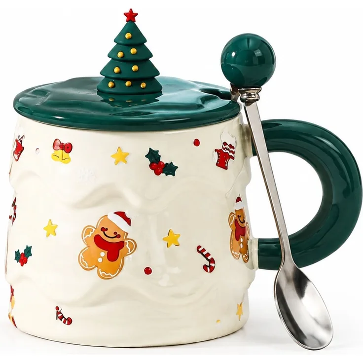 Keramik-Weihnachtstasse mit Deckel und Löffel Geschenkset Grün 16 x 12 x 14 cm