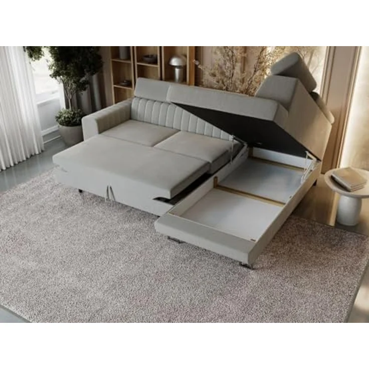 GrainGold Ecksofa mit Schlaffunktion und Bettkasten BERONA L - 255x190 cm, Grau, verstellbare Kopfstützen, Samt – Bild 7
