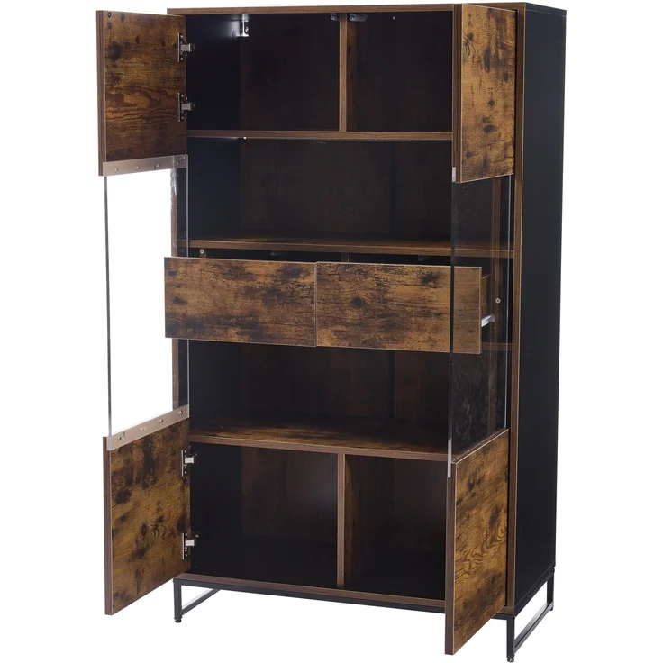 ZUBALIYA Vitrine (80 x 40 x 138 cm), 2 Türen und 2 Schubladen, LED - Beleuchtung, Transparente Elemente, Beige / Naturfarben / Schwarz – Bild 18