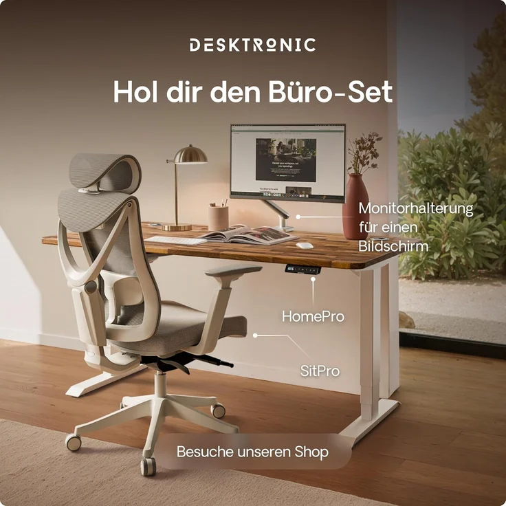 Desktronic Höhenverstellbarer Schreibtisch aus massivem Nussbaumholz (180x80 cm) – Elektrisch höhenverstellbar mit flüsterleisem Dual-Motor & Touchscreen – Hohe Tragfähigkeit – Stehtisch HomePro – Bild 9