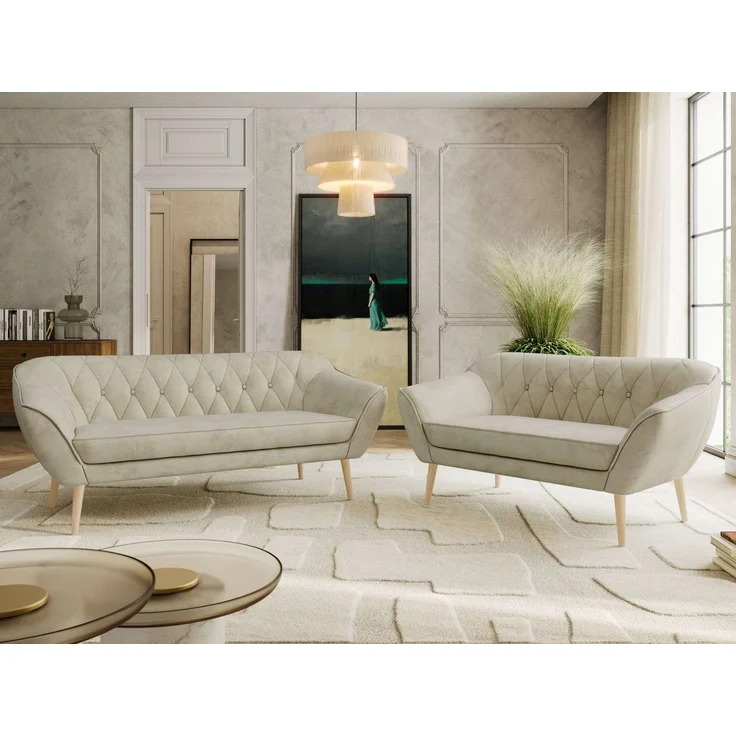 Skandinavisches Sofa Set PIRS 3-2, Komplettset, Wellenfederung, Buche Füße, Sitzgruppe, Polstermöbel Set - Beige Velvet – Bild 1