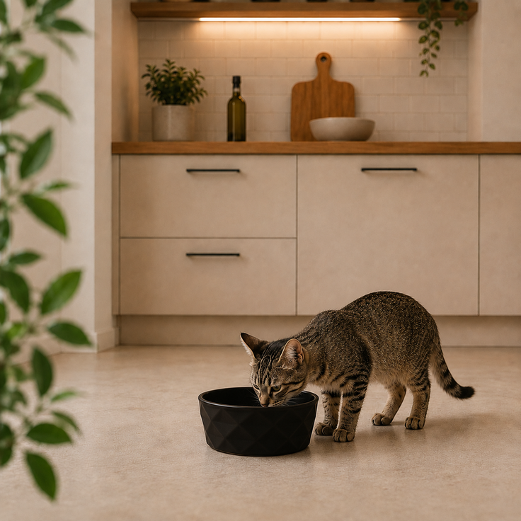 belviona Katzennapf aus Keramik, rutschfester Futter- & Wassernapf mit Silikonboden, robust & spülmaschinengeeignet, 350 ml, schwarz matt
