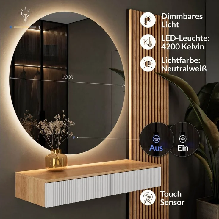 Planetmöbel Konsolentisch AMYRA Flurtisch 100 cm, NOVA Spiegel mit Beleuchtung 60 - 100 cm (Konsolentisch 100 cm, 2-St, inkl. Spiegel mit Beleuchtung rund 100x100 cm), Wandkonsole & Wandspiegel Flur Set – Bild 4