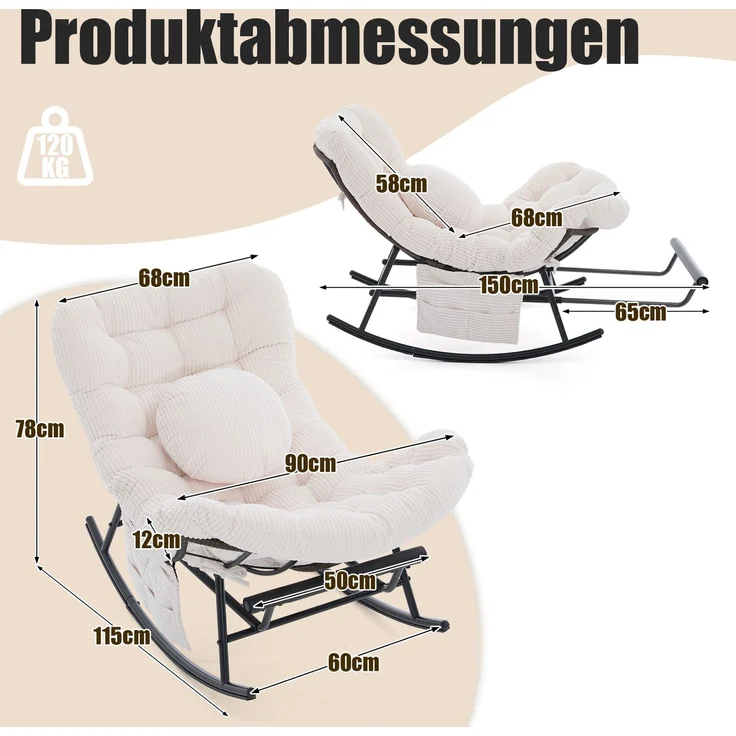 LVHOM Schaukelstuhl mit ausziehbarer Fußstütze, Rattanstuhl mit Stahlrahmen, Schaukelsessel mit gepolstertem Kissen und Seitentasche, Lounge Sessel, 1 St, Beige – Bild 7