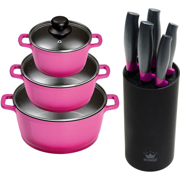 KING Topf-Set Berry, Aluminiumguss (Set, 9-tlg, je 1 Kochtopf mit Deckel 16/20/24 cm, Messerblock mit 5 Kochmesser), Induktion – Bild 1